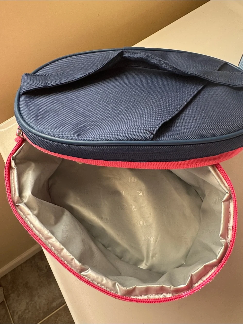 Navy and Multicolor Printed Cosmetic Train Case with Coral Trim